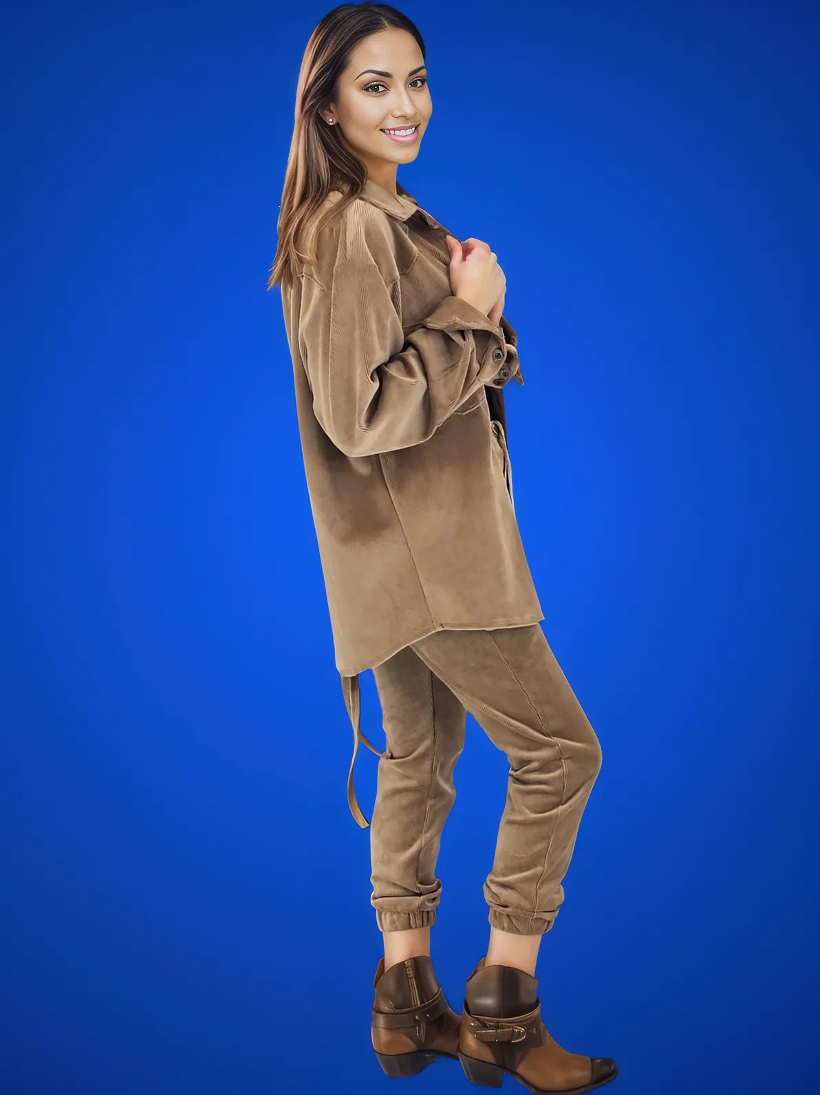 Oversize Velvet Shirt Khaki - Tenku Designs