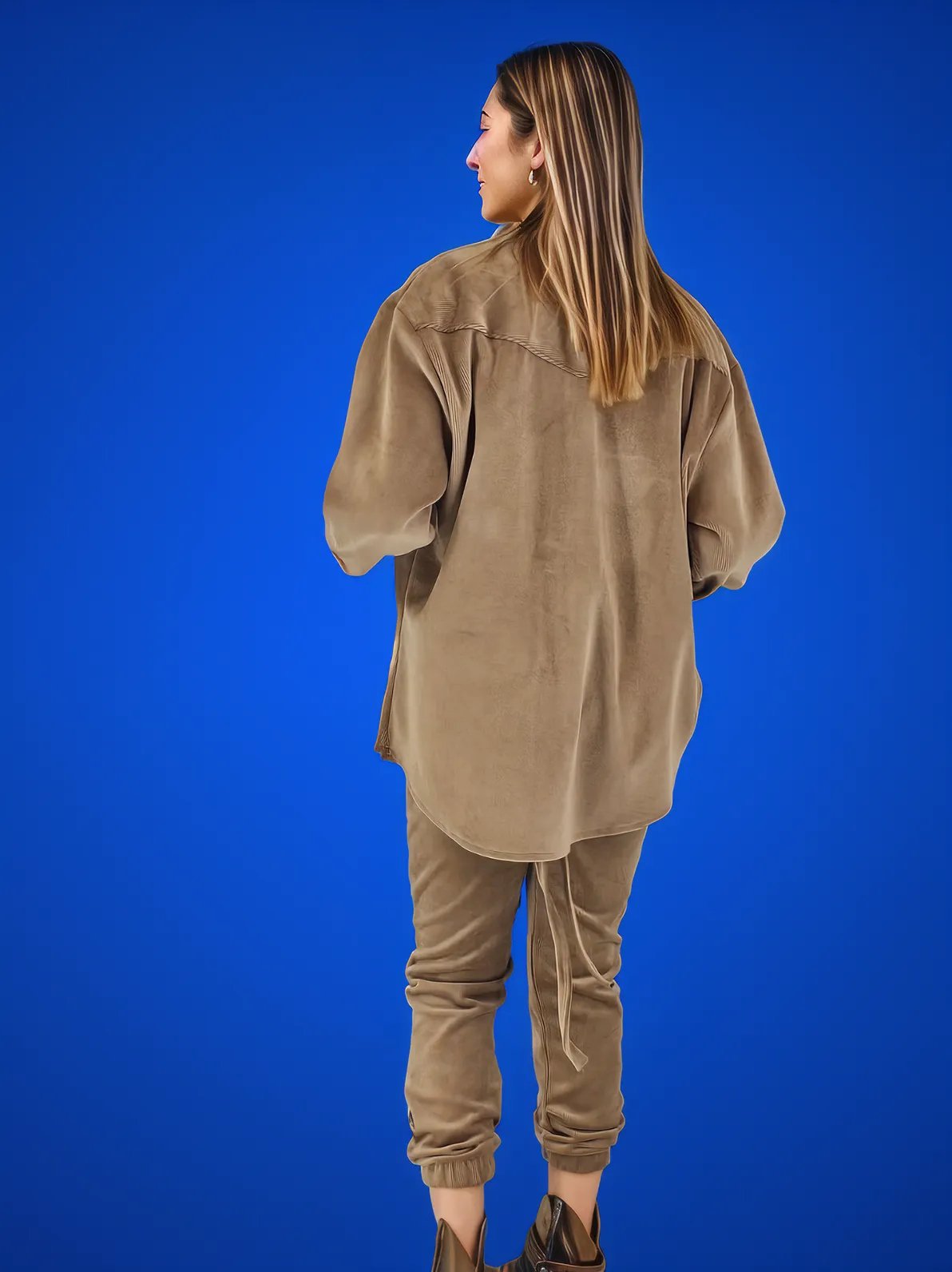 Oversize Velvet Shirt Khaki - Tenku Designs