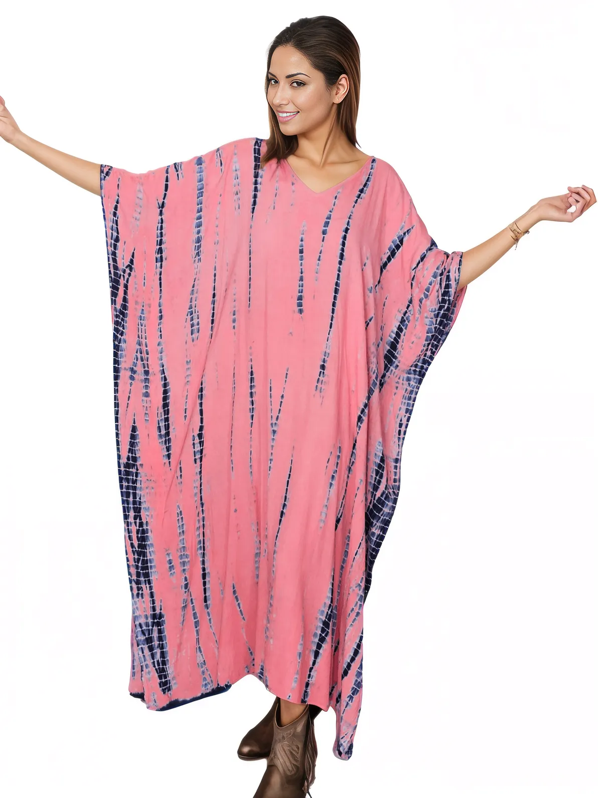 Peachy Pink Hand - Dyed Tie - Dye Maxi Kaftan Dress – Boho Chic, Flowy and Comfortable - Tenku Designs