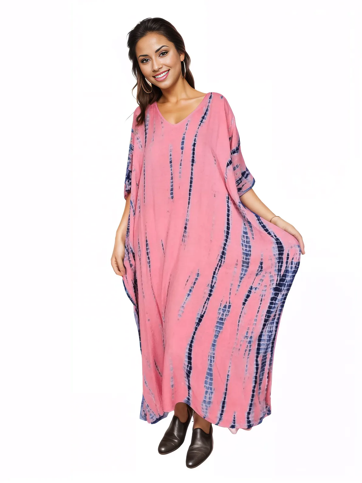 Peachy Pink Hand - Dyed Tie - Dye Maxi Kaftan Dress – Boho Chic, Flowy and Comfortable - Tenku Designs
