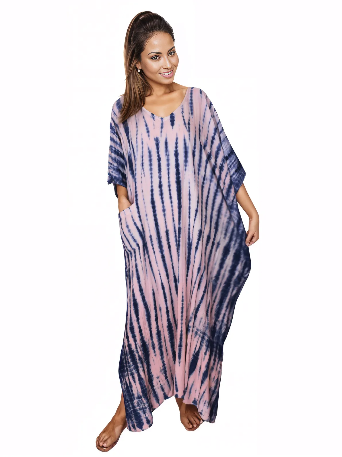 Pink/Navy blue Hand - Dyed Tie - Dye Maxi Kaftan Dress – Boho Chic, Flowy and Comfortable - Tenku Designs