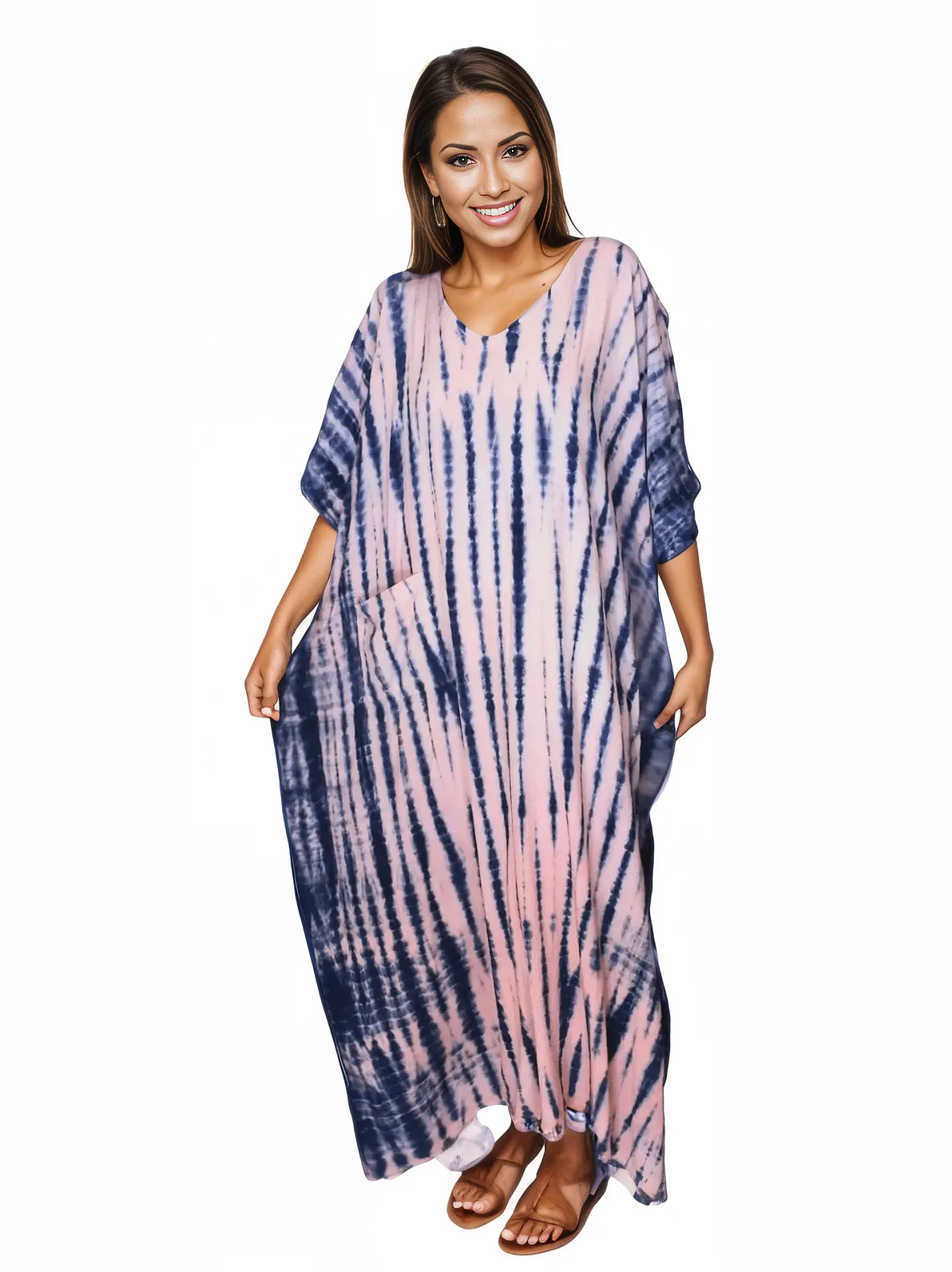 Pink/Navy blue Hand - Dyed Tie - Dye Maxi Kaftan Dress – Boho Chic, Flowy and Comfortable - Tenku Designs