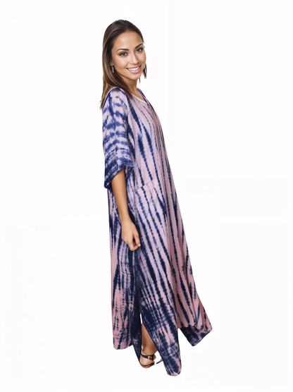 Pink/Navy blue Hand - Dyed Tie - Dye Maxi Kaftan Dress – Boho Chic, Flowy and Comfortable - Tenku Designs