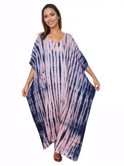 Pink/Navy blue Hand - Dyed Tie - Dye Maxi Kaftan Dress – Boho Chic, Flowy and Comfortable - Tenku Designs