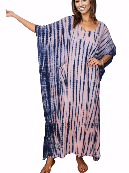 Pink/Navy blue Hand - Dyed Tie - Dye Maxi Kaftan Dress – Boho Chic, Flowy and Comfortable - Tenku Designs