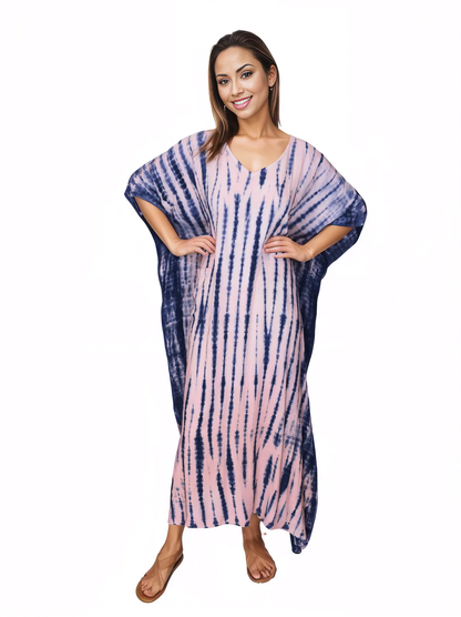 Pink/Navy blue Hand - Dyed Tie - Dye Maxi Kaftan Dress – Boho Chic, Flowy and Comfortable - Tenku Designs