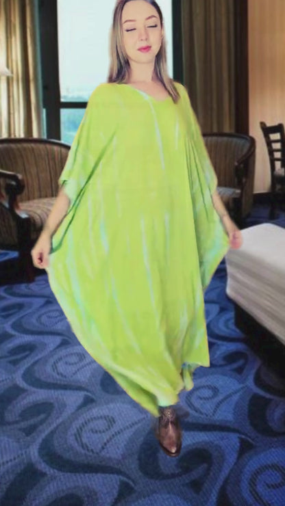 Lime Green Hand-Dyed Tie-Dye Maxi Kaftan Dress – Boho Chic, Flowy and Comfortable