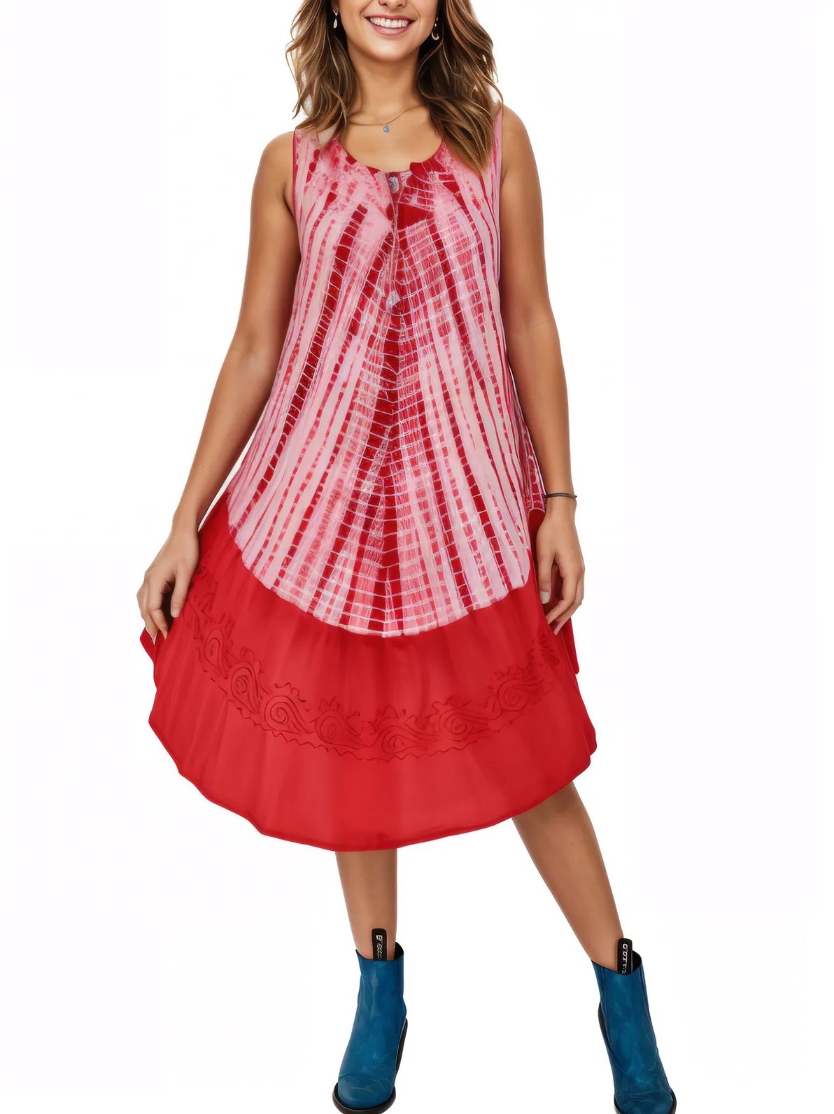 Red Tie - Dye Sleeveless Boho Dress – Lightweight & Embroidered | Tenku Designs - Tenku Designs