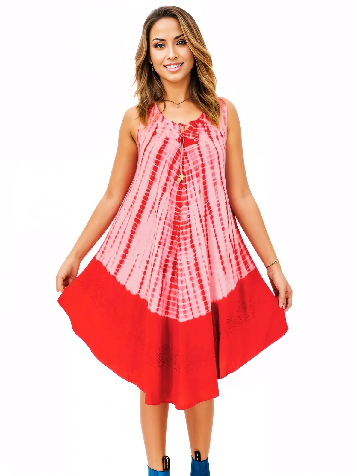 Red Tie - Dye Sleeveless Boho Dress – Lightweight & Embroidered | Tenku Designs - Tenku Designs