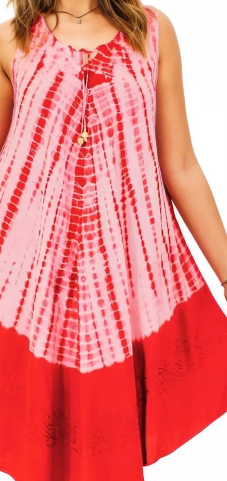 Red Tie-Dye Sleeveless Boho Dress – Lightweight & Embroidered | Tenku Designs