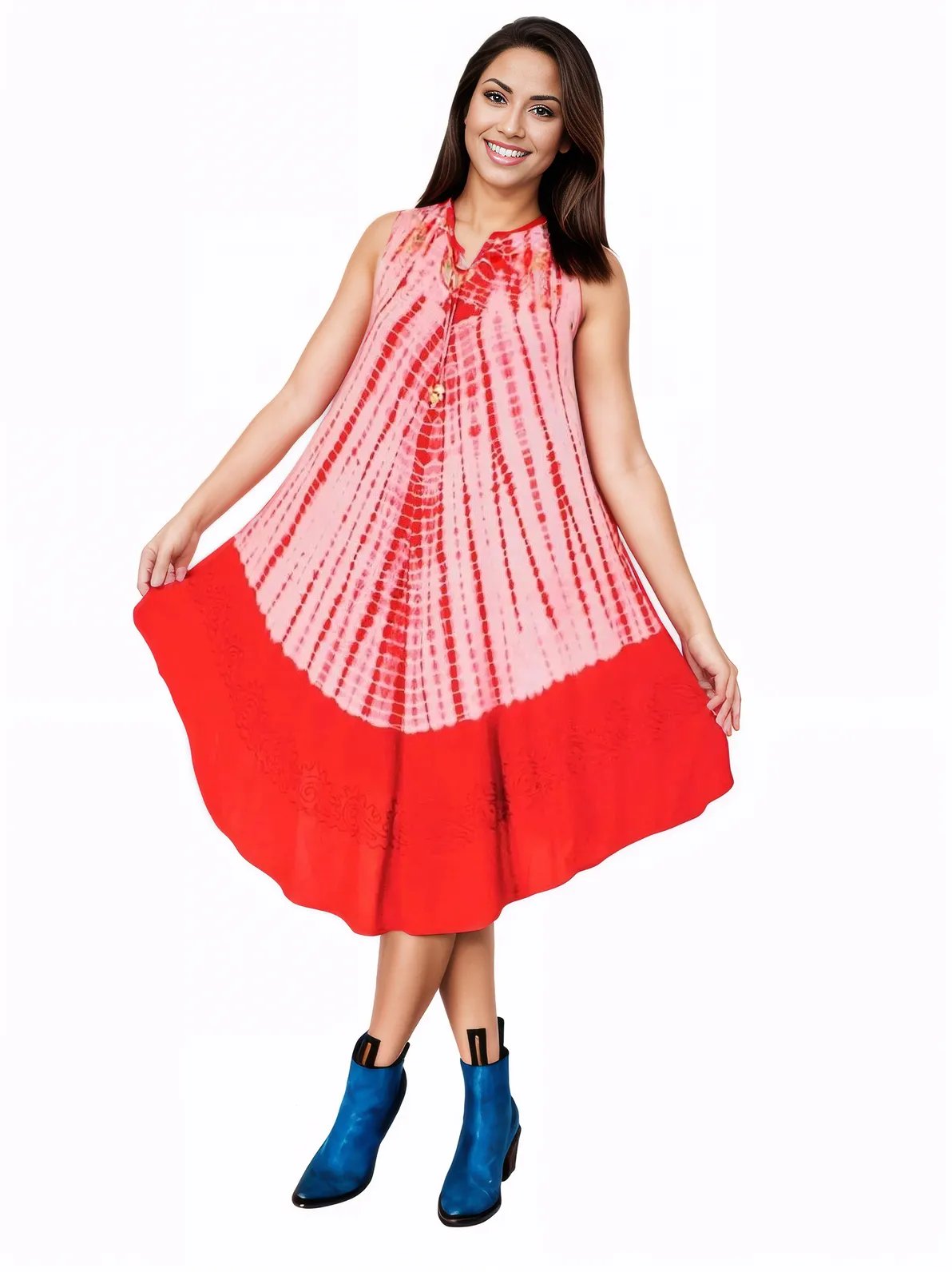 Red Tie - Dye Sleeveless Boho Dress – Lightweight & Embroidered | Tenku Designs - Tenku Designs