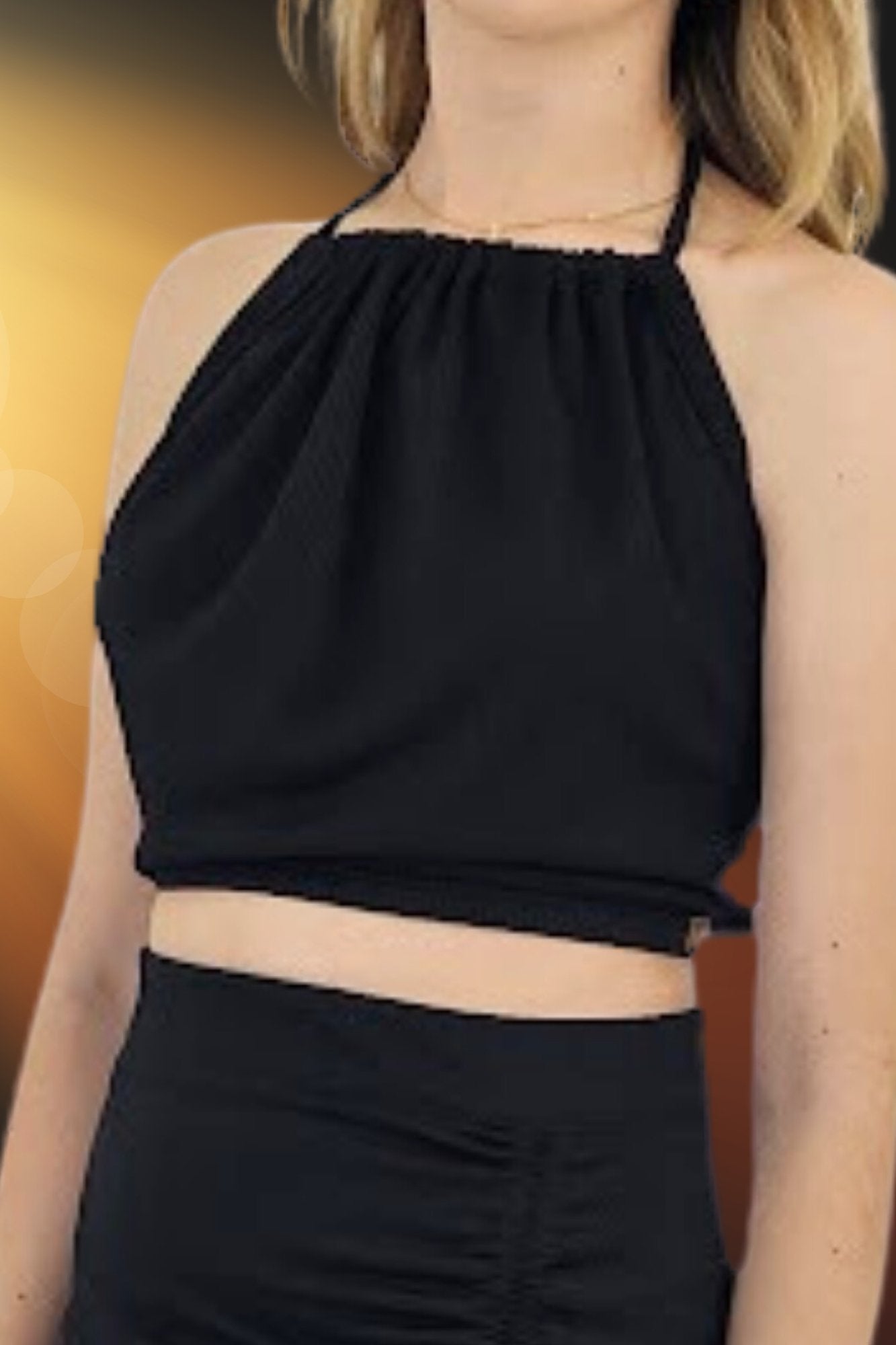 Ribbed Backless Drawstring Halter Top Black - Tenku Designs