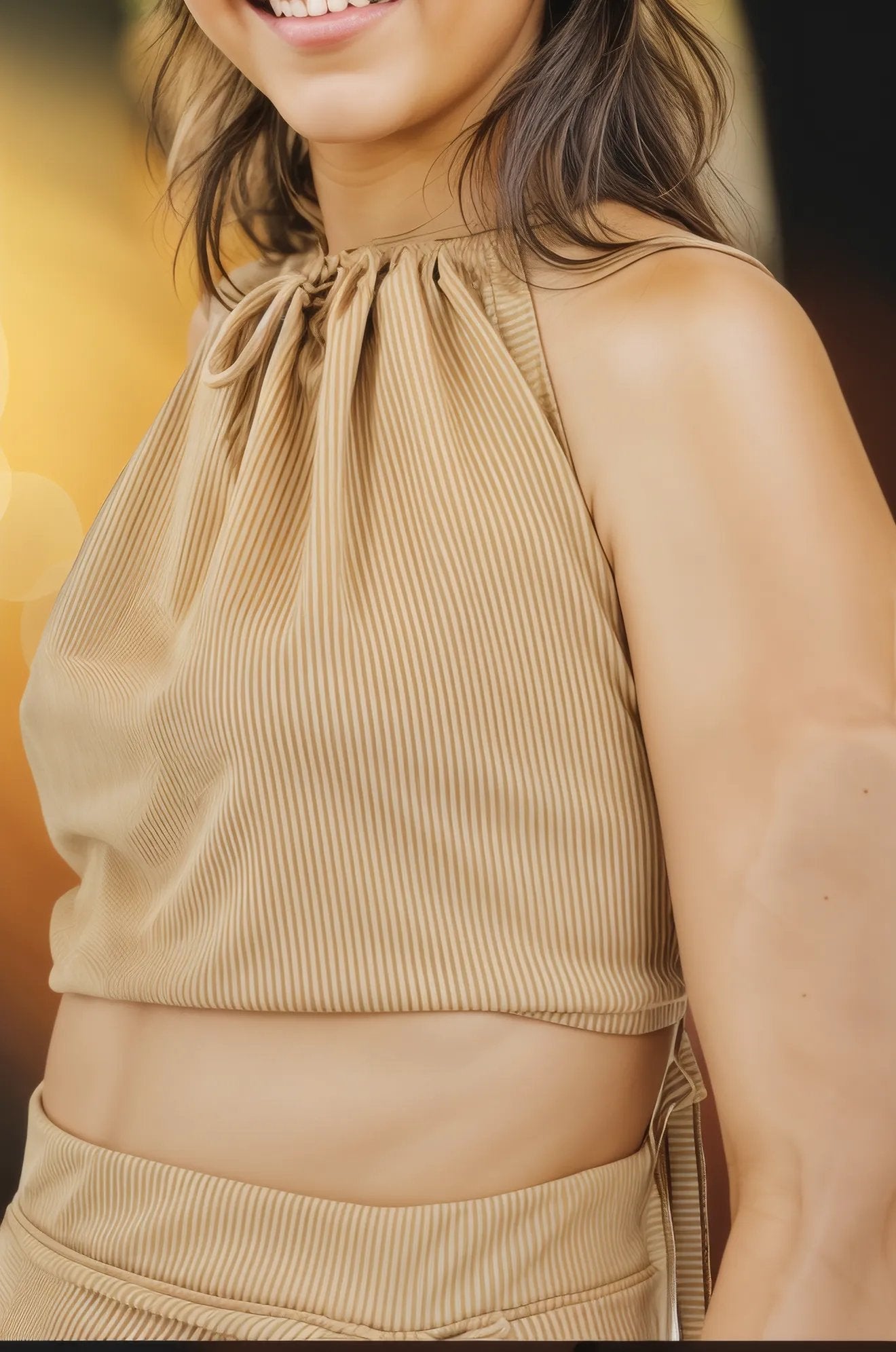 Ribbed Backless Drawstring Halter Top Khaki - Tenku Designs