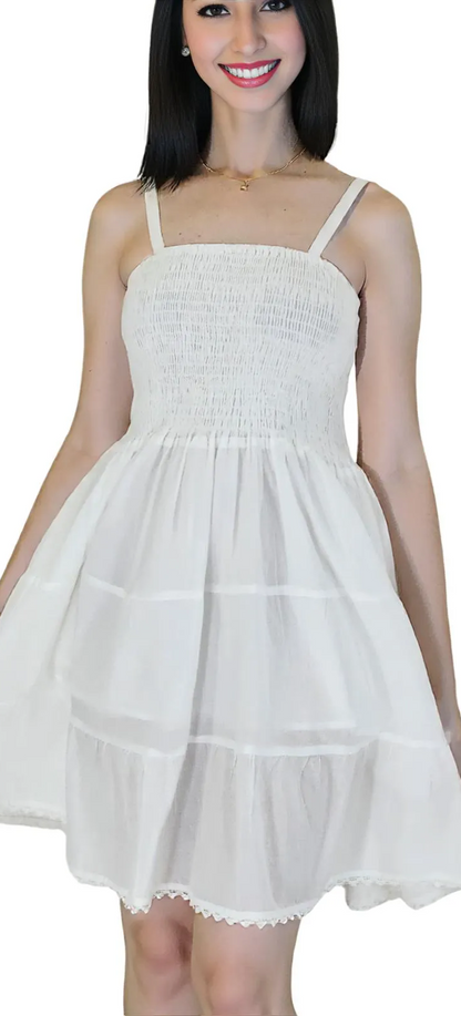 White 100% Cotton Spaghetti Strap Dress – Smocked Fit | Tenku Designs