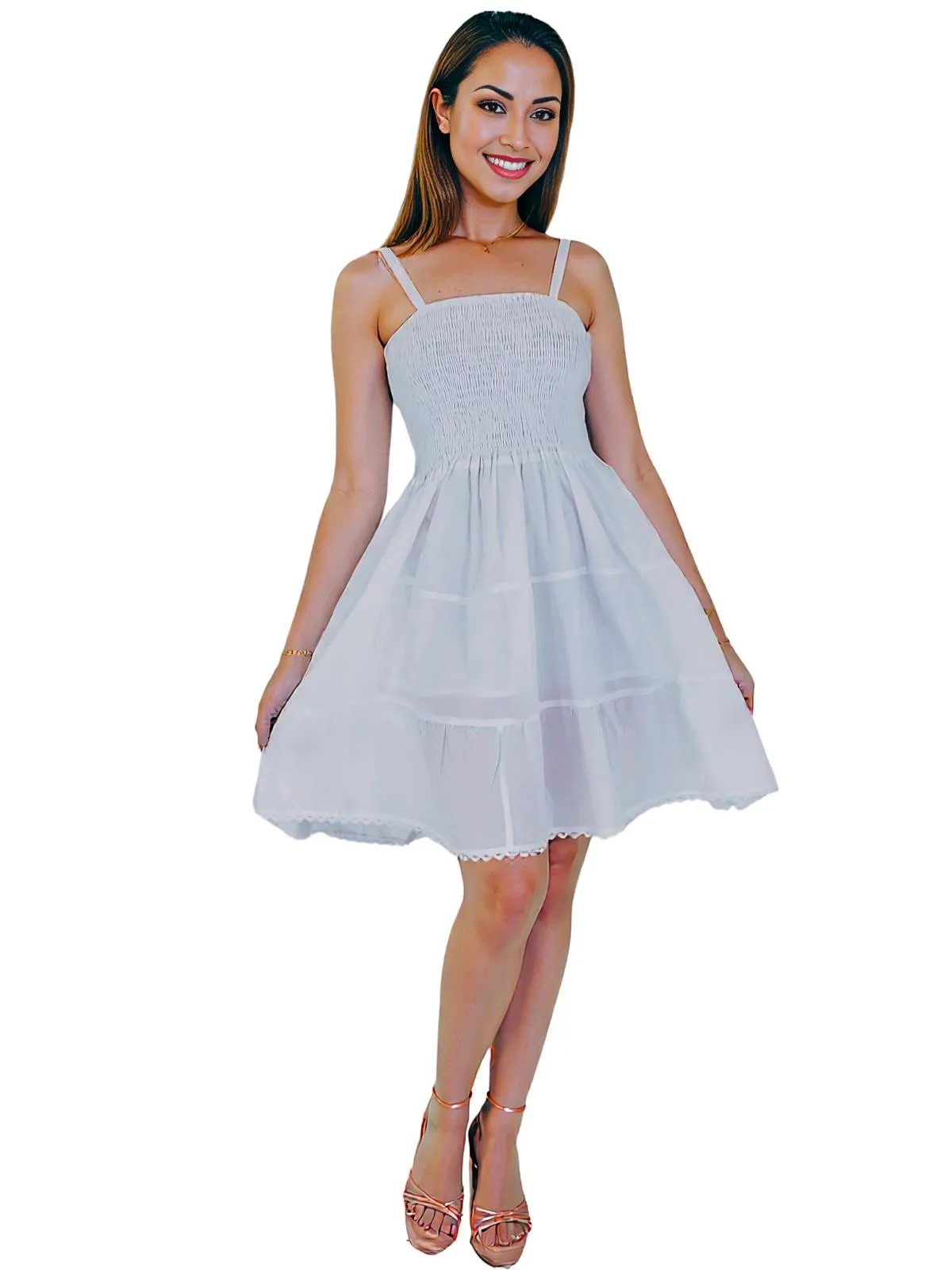 White 100% Cotton Spaghetti Strap Dress – Smocked Fit | Tenku Designs
