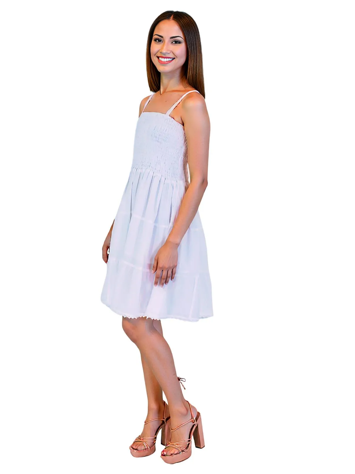 White 100% Cotton Spaghetti Strap Dress – Smocked Fit | Tenku Designs