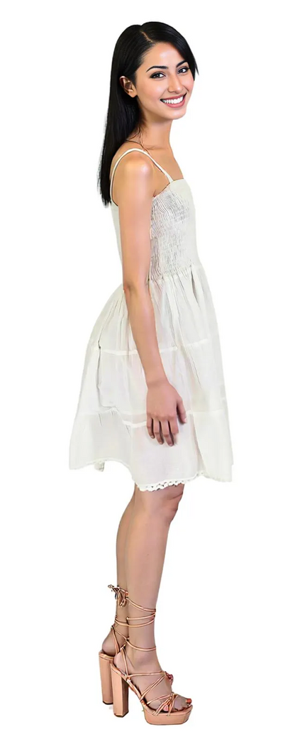 White 100% Cotton Spaghetti Strap Dress – Smocked Fit | Tenku Designs