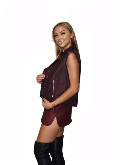 Sheepsking Leather Biker Vest in Wine - Tenku Designs