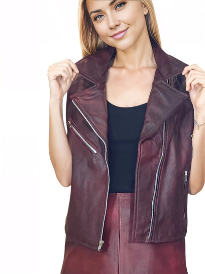 Sheepsking Leather Biker Vest in Wine - Tenku Designs