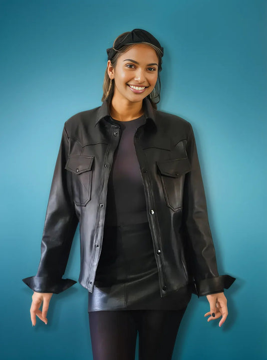 Western Sheepskin Leather Shirt Black * - Tenku Designs