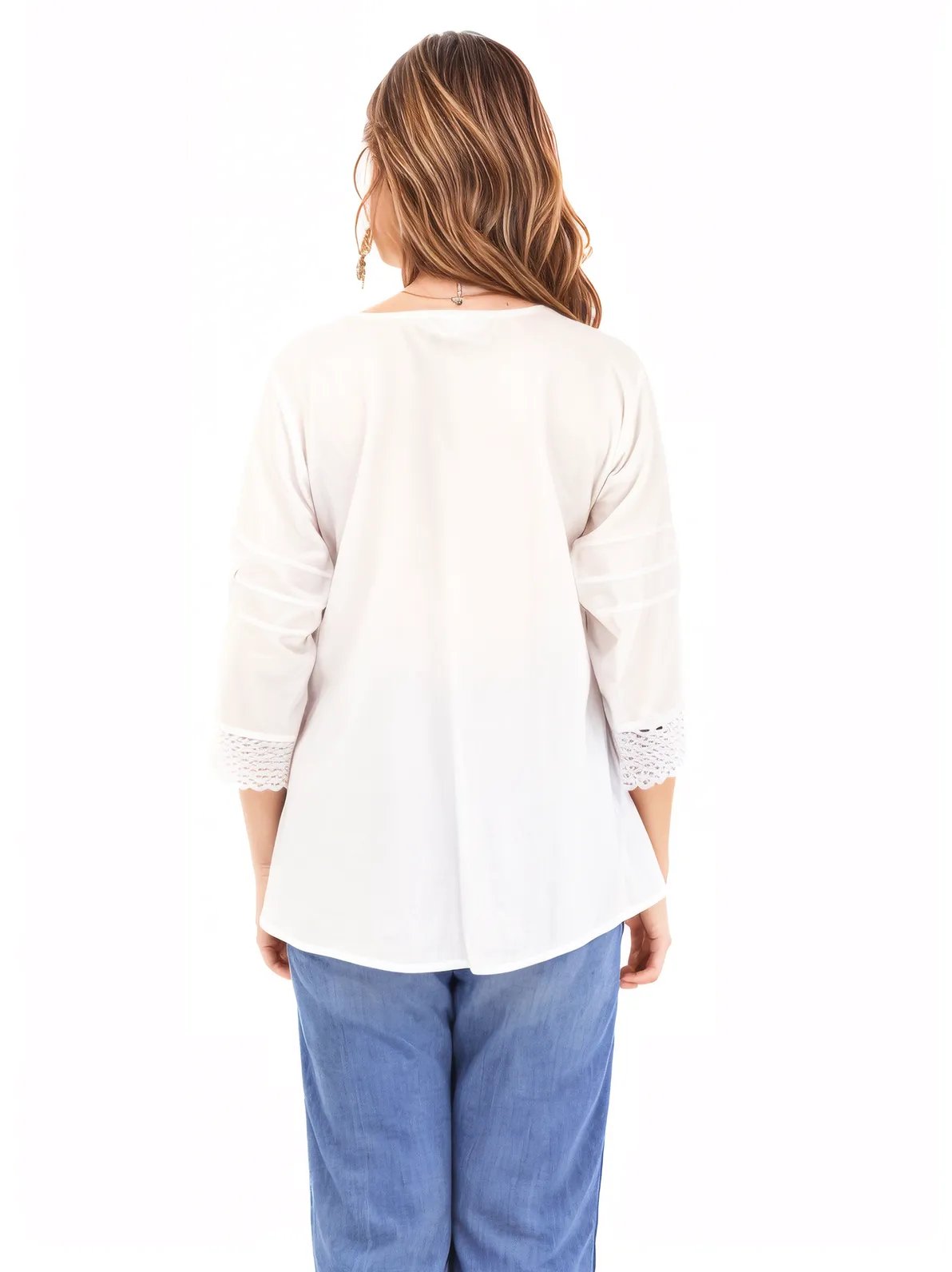 Woman's Lace Detail 100% Cotton White Blouse - Tenku Designs