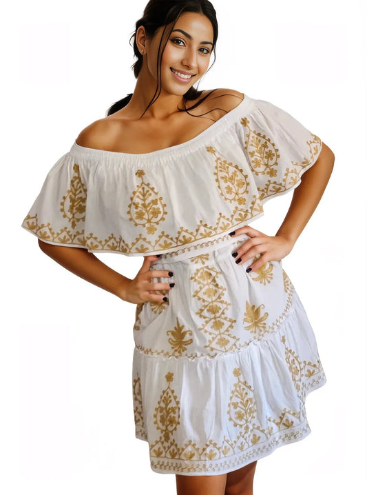 Woman's off shoulder embroidered 100% Cotton White dress - Tenku Designs