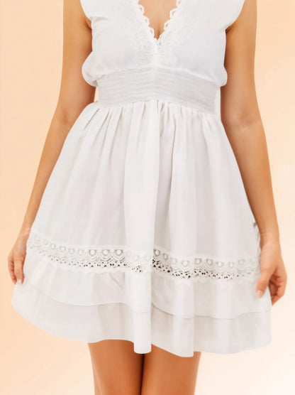 Woman's Sleeveless Lace Detail 100% Cotton White Dress - Tenku Designs