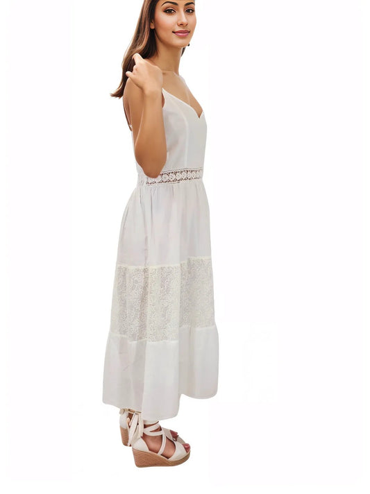 Woman's Sleeveless Lace Detail 100% Cotton White Dress - Tenku Designs