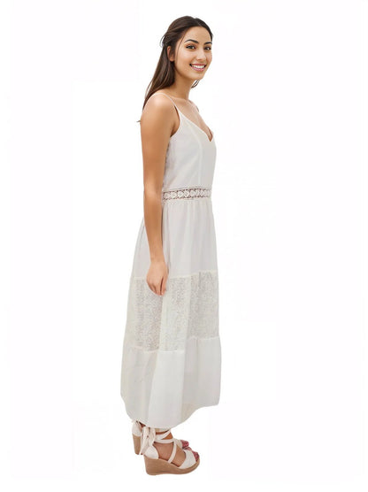 Woman's Sleeveless Lace Detail 100% Cotton White Dress - Tenku Designs