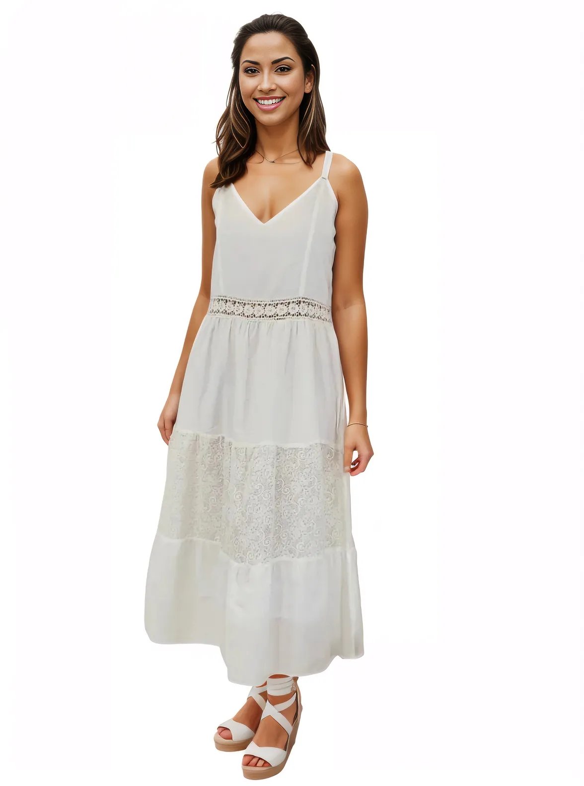 Woman's Sleeveless Lace Detail 100% Cotton White Dress - Tenku Designs