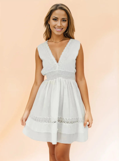 Woman's Sleeveless Lace Detail 100% Cotton White Dress - Tenku Designs