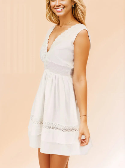 Woman's Sleeveless Lace Detail 100% Cotton White Dress - Tenku Designs